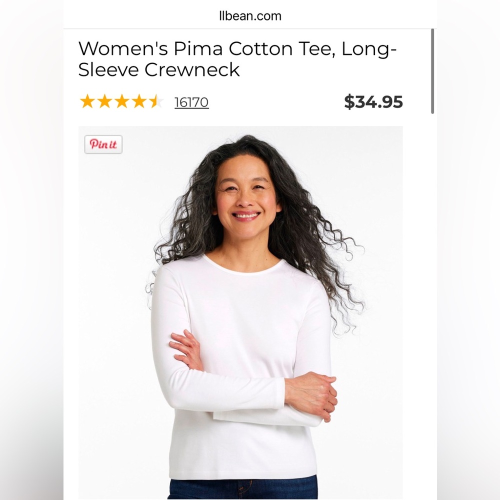 NWT LL Bean Women's Pima Cotton Tee, Long-Sleeve Crewneck in White, size small S